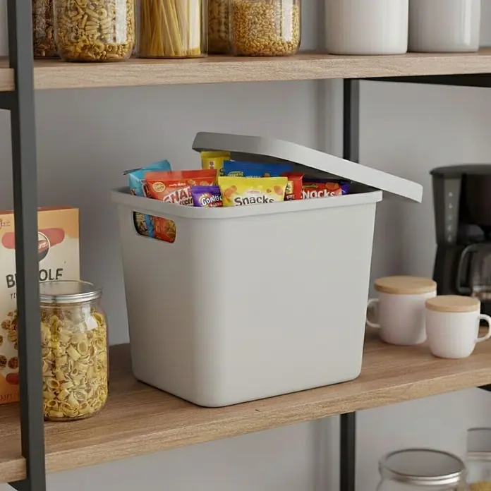 Plastard Aufbewahrungsbox-Set 2er-Set 12,5 Liter in Grau mit Deckel – Stapelboxen, Lagerboxen - L x B x H: 32 x 22 x 24 cm, Kunststoff, Grau, 2 Stk. - Hellgraue Aufbewahrungsbox, gefüllt mit Snacks, auf einem Holzregal.