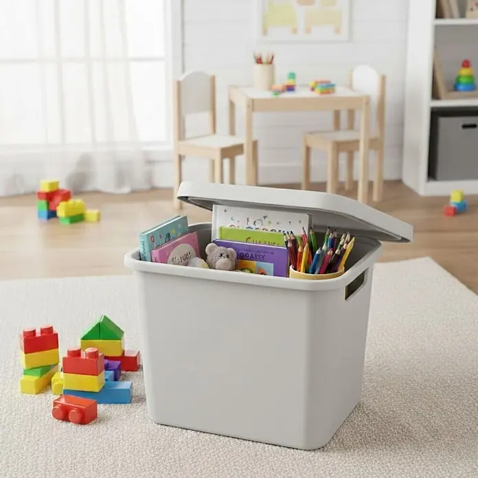 Plastard Aufbewahrungsbox-Set 2er-Set 12,5 Liter in Grau mit Deckel – Stapelboxen, Lagerboxen - L x B x H: 32 x 22 x 24 cm, Kunststoff, Grau, 2 Stk. - Eine graue Aufbewahrungsbox mit Deckel enthält Bücher, Buntstifte und ein Plüschtier, auf hellem Teppich in einem Kinderzimmer.