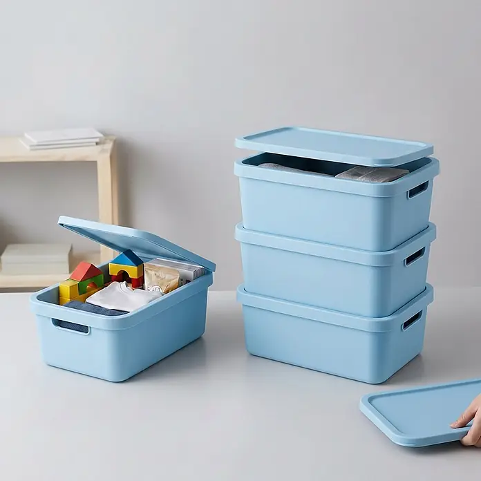 Plastard Aufbewahrungsbox-Set 4er-Set 7,5 Liter in Blau mit Deckel – Stapelboxen, Lagerboxen - L x B x H: 32 x 22 x 15 cm, Kunststoff, Blau, 4 Stk. - Blaue Aufbewahrungsboxen aus Kunststoff mit Deckeln. Eine offene Box enthält Spielzeug und Textilien, drei andere sind gestapelt, eine Hand hält einen separaten Deckel.