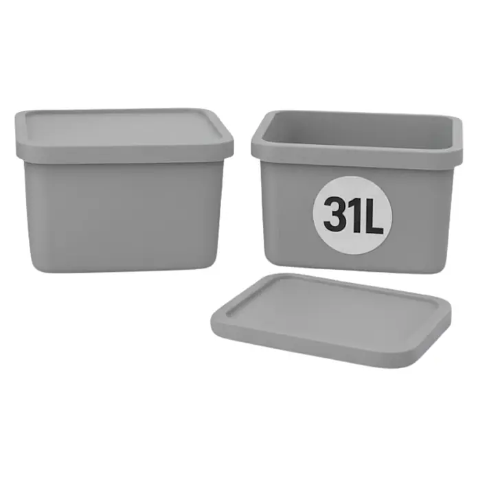 Plastard Aufbewahrungsbox-Set 2er-Set 31 Liter in Grau mit Deckel – Stapelboxen, Lagerboxen - L x B x H: 45,5 x 33,5 x 25 cm, Kunststoff, Grau, 2 Stk. - Zwei graue rechteckige Plastik-Aufbewahrungsboxen mit Deckeln. Eine Box ist offen und zeigt einen „31L“-Fassungsvermögen-Aufkleber.