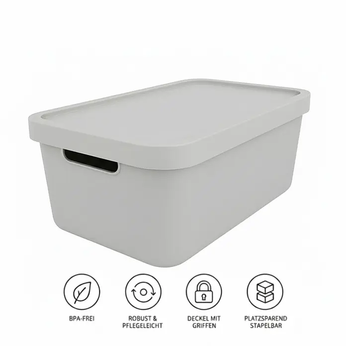 Plastard Aufbewahrungsbox-Set 2er-Set 7,5 Liter in Grau mit Deckel – Stapelboxen, Lagerboxen - L x B x H: 32 x 22 x 15 cm, Kunststoff, Grau, 2 Stk. - Hellgraue Aufbewahrungsbox mit Deckel und integrierten Griffen, BPA-frei, robust und stapelbar.