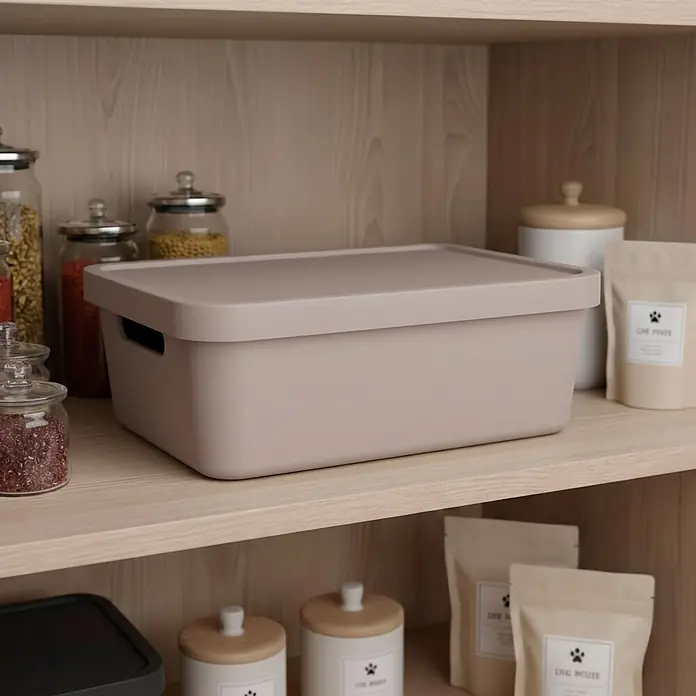 Plastard Aufbewahrungsbox-Set 2er-Set 19 Liter in Pink mit Deckel – Stapelboxen, Lagerboxen - L x B x H: 45,5 x 33,5 x 15,5 cm, Kunststoff, Pink, 2 Stk. - Beigefarbene Aufbewahrungsbox mit Deckel aus Kunststoff, auf einem hellen Holzregal in einer Speisekammer.