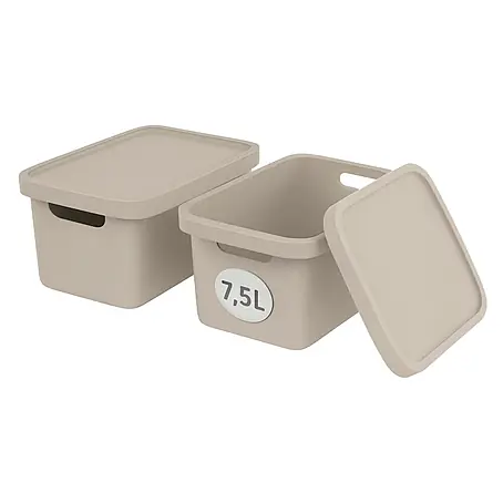 Plastard  Aufbewahrungsbox-Set 2er-Set 7,5 Liter in Beige mit Deckel – Stapelboxen, Lagerboxen