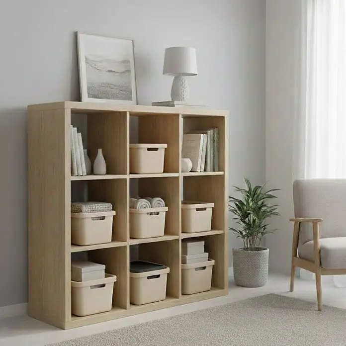 Plastard Aufbewahrungsbox-Set 3er-Set 7,5 Liter in Beige mit Deckel – Stapelboxen, Lagerboxen - L x B x H: 32 x 22 x 15 cm, Kunststoff, Beige, 3 Stk. - Helles Holzwürfelregal mit hellbeigen Behältern und Büchern, organisiert einen Wohnbereich.