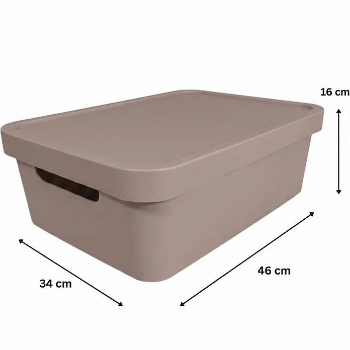 Plastard Aufbewahrungsbox-Set 2er-Set 19 Liter in Pink mit Deckel – Stapelboxen, Lagerboxen - L x B x H: 45,5 x 33,5 x 15,5 cm, Kunststoff, Pink, 2 Stk. - Hellbraune rechteckige Aufbewahrungsbox mit Deckel und Griffen, 46x34x16 cm.
