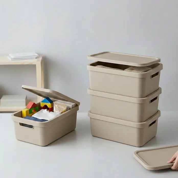 Plastard Aufbewahrungsbox-Set 3er-Set 7,5 Liter in Beige mit Deckel – Stapelboxen, Lagerboxen - L x B x H: 32 x 22 x 15 cm, Kunststoff, Beige, 3 Stk. - Gestapelte beigefarbene Aufbewahrungsboxen mit Deckeln, eine offen mit Gegenständen, für vielseitige Organisation.