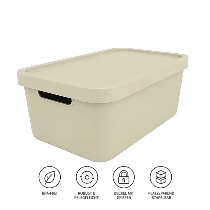 Plastard Aufbewahrungsbox-Set 3er-Set 7,5 Liter in Beige mit Deckel – Stapelboxen, Lagerboxen - L x B x H: 32 x 22 x 15 cm, Kunststoff, Beige, 3 Stk. - Hellbeige Kunststoff-Aufbewahrungsbox mit passendem Deckel und seitlichen Griffen.