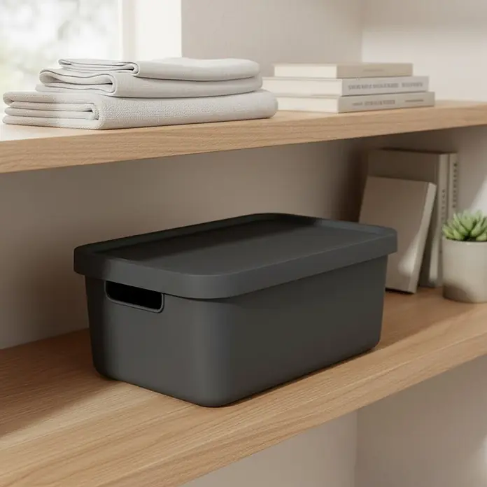 Plastard Aufbewahrungsbox-Set 3er-Set 31 Liter in Anthrazit mit Deckel – Stapelboxen, Lagerboxen - L x B x H: 45,5 x 33,5 x 25 cm, Kunststoff, Anthrazit, 3 Stk. - Dunkelgraue Aufbewahrungsbox mit Deckel auf einem Holzregal.