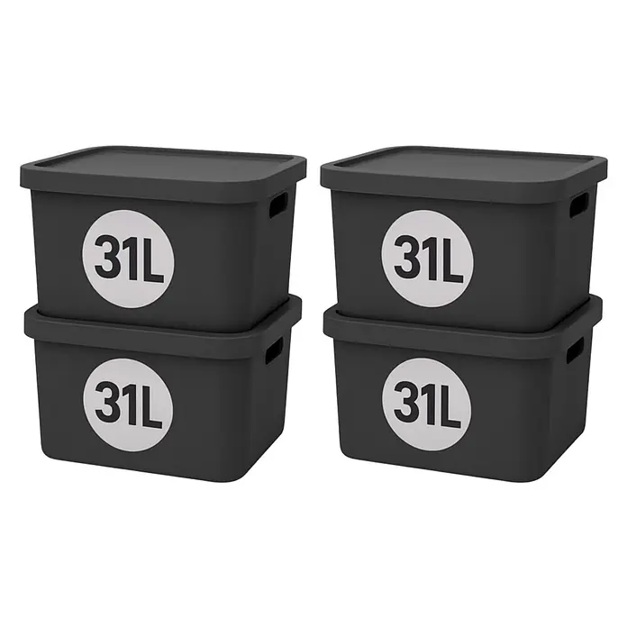 Plastard Aufbewahrungsbox-Set 4er-Set 31 Liter in Anthrazit mit Deckel – Stapelboxen, Lagerboxen - L x B x H: 45,5 x 33,5 x 25 cm, Kunststoff, Anthrazit, 4 Stk. - Vier dunkelgraue Kunststoff-Aufbewahrungsboxen mit Deckeln, jeweils mit 31L beschriftet, in zwei Stapeln.