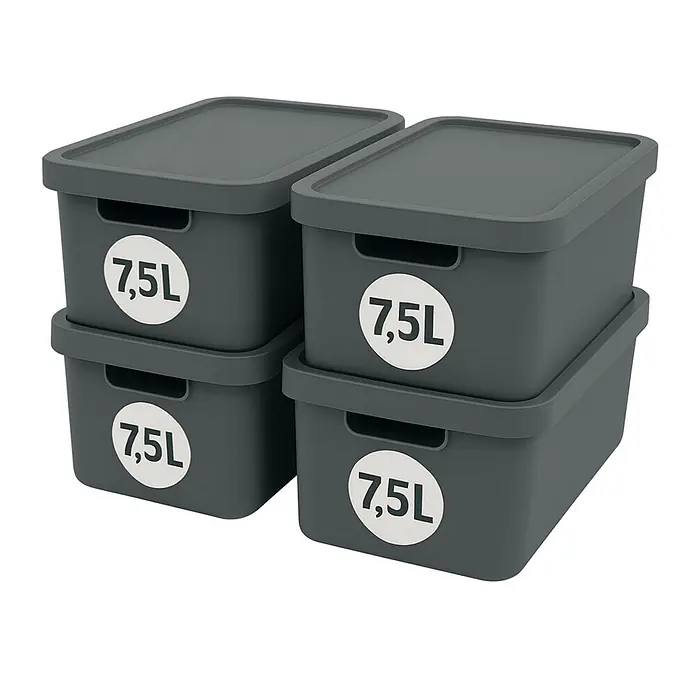 Plastard Aufbewahrungsbox-Set 4er-Set 7,5 Liter in Anthrazit mit Deckel – Stapelboxen, Lagerboxen - L x B x H: 32 x 22 x 15 cm, Kunststoff, Anthrazit, 4 Stk. - Vier dunkelgraue Aufbewahrungsboxen mit Deckel, jeweils mit 7,5L beschriftet, in zwei Paaren gestapelt.