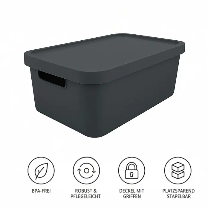 Plastard Aufbewahrungsbox-Set 3er-Set 31 Liter in Anthrazit mit Deckel – Stapelboxen, Lagerboxen - L x B x H: 45,5 x 33,5 x 25 cm, Kunststoff, Anthrazit, 3 Stk. - Dunkelgraue Kunststoff-Aufbewahrungsbox mit Deckel und integrierten Griffen, stapelbar.