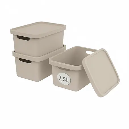 Plastard  Aufbewahrungsbox-Set 3er-Set 7,5 Liter in Beige mit Deckel – Stapelboxen, Lagerboxen