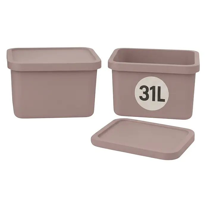 Plastard Aufbewahrungsbox-Set 2er-Set 31 Liter in Pink mit Deckel – Stapelboxen, Lagerboxen - L x B x H: 45,5 x 33,5 x 25 cm, Kunststoff, Pink, 2 Stk. - Zwei staubrosafarbene Kunststoff-Aufbewahrungsboxen mit Deckeln. Eine Box zeigt „31L“ Fassungsvermögen.