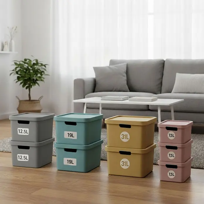 Plastard Aufbewahrungsbox-Set 4er-Set 12,5 Liter in Grau mit Deckel – Stapelboxen, Lagerboxen - L x B x H: 32 x 22 x 24 cm, Kunststoff, Grau, 4 Stk. - Gestapelte Plastik-Aufbewahrungsboxen in Grau, Türkis, Gelb und Rosa, mit Volumen beschriftet, in einem modernen Wohnzimmer.