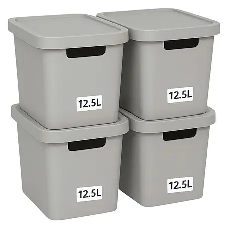 Plastard  Aufbewahrungsbox-Set 4er-Set 12,5 Liter in Grau mit Deckel – Stapelboxen, Lagerboxen