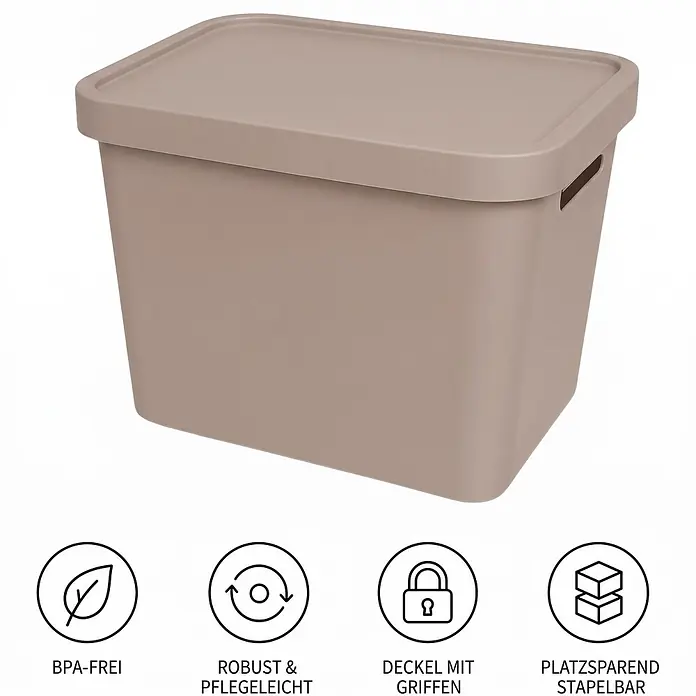 Plastard Aufbewahrungsbox-Set 4er-Set 12,5 Liter in Pink mit Deckel – Stapelboxen, Lagerboxen - L x B x H: 32 x 22 x 24 cm, Kunststoff, Pink, 4 Stk. - Rechteckige taupefarbene Aufbewahrungsbox mit Deckel und integrierten Griffen.