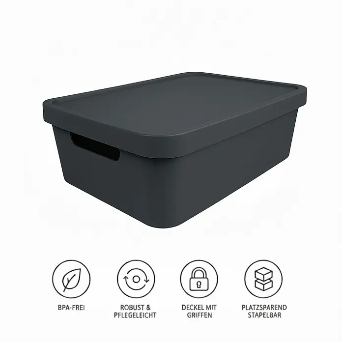 Plastard Aufbewahrungsbox-Set 2er-Set 19 Liter in Anthrazit mit Deckel – Stapelboxen, Lagerboxen - L x B x H: 45,5 x 33,5 x 15,5 cm, Kunststoff, Anthrazit, 2 Stk. - Dunkelgraue Kunststoff-Aufbewahrungsbox mit Deckel, integrierten Griffen und stapelbarem Design.