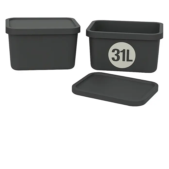 Plastard Aufbewahrungsbox-Set 2er-Set 31 Liter in Anthrazit mit Deckel – Stapelboxen, Lagerboxen - L x B x H: 45,5 x 33,5 x 25 cm, Kunststoff, Anthrazit, 2 Stk. - Zwei dunkelgraue rechteckige Aufbewahrungsboxen mit Deckeln. Eine Box ist mit "31L" gekennzeichnet; ein Deckel ist separat.