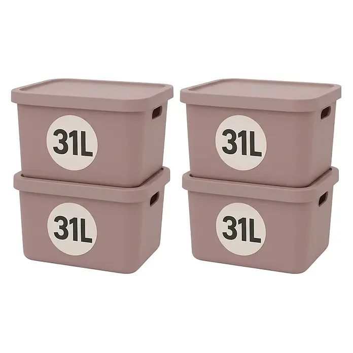 Plastard Aufbewahrungsbox-Set 4er-Set 31 Liter in Pink mit Deckel – Stapelboxen, Lagerboxen - L x B x H: 45,5 x 33,5 x 25 cm, Kunststoff, Pink, 4 Stk. - Vier gestapelte, mauvefarbene Kunststoff-Aufbewahrungsboxen mit Deckel, jede mit 31L beschriftet.