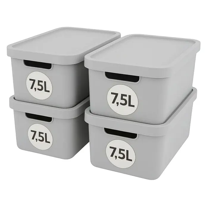 Plastard Aufbewahrungsbox-Set 4er-Set 7,5 Liter in Grau mit Deckel – Stapelboxen, Lagerboxen - L x B x H: 32 x 22 x 15 cm, Kunststoff, Grau, 4 Stk. - Vier graue Aufbewahrungsboxen mit Deckeln, jeweils mit 7,5L beschriftet, gestapelt.