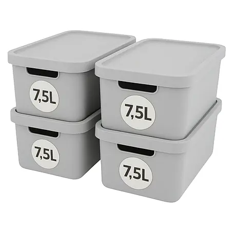 Plastard  Aufbewahrungsbox-Set 4er-Set 7,5 Liter in Grau mit Deckel – Stapelboxen, Lagerboxen