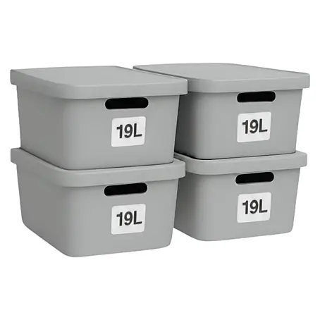 Plastard  Aufbewahrungsbox-Set 4er-Set 19 Liter in Grau mit Deckel – Stapelboxen, Lagerboxen