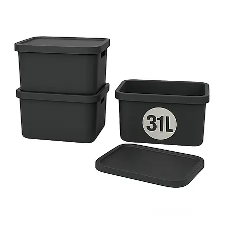 Plastard  Aufbewahrungsbox-Set 3er-Set 31 Liter in Anthrazit mit Deckel – Stapelboxen, Lagerboxen