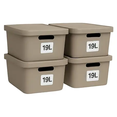 Plastard  Aufbewahrungsbox-Set 4er-Set 19 Liter in Beige mit Deckel – Stapelboxen, Lagerboxen