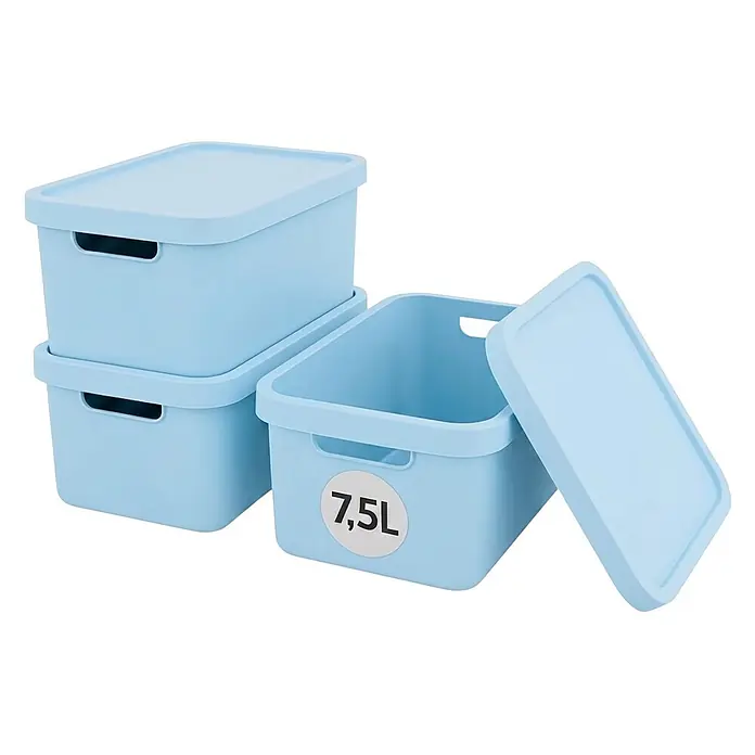 Plastard Aufbewahrungsbox-Set 3er-Set 7,5 Liter in Blau mit Deckel – Stapelboxen, Lagerboxen - L x B x H: 32 x 22 x 15 cm, Kunststoff, Blau, 3 Stk. - Drei hellblaue Kunststoff-Aufbewahrungsboxen mit Deckeln, eine mit 7,5L Fassungsvermögen.