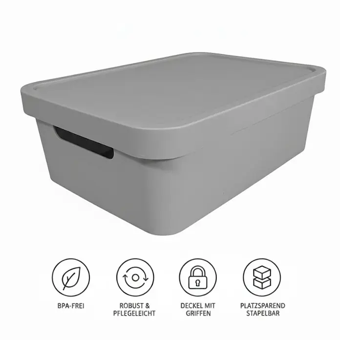 Plastard Aufbewahrungsbox-Set 3er-Set 19 Liter in Grau mit Deckel – Stapelboxen, Lagerboxen - L x B x H: 45,5 x 33,5 x 15,5 cm, Kunststoff, Grau, 3 Stk. - Graue Kunststoff-Aufbewahrungsbox mit Deckel und integrierten Griffen, stapelbar.