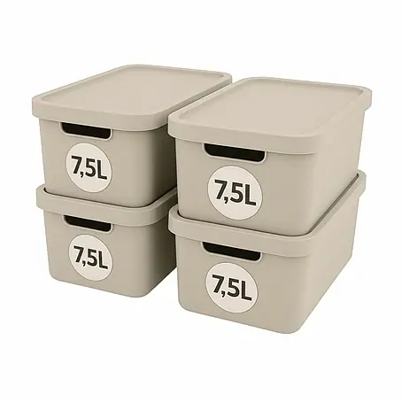 Plastard  Aufbewahrungsbox-Set 4er-Set 7,5 Liter in Beige mit Deckel – Stapelboxen, Lagerboxen