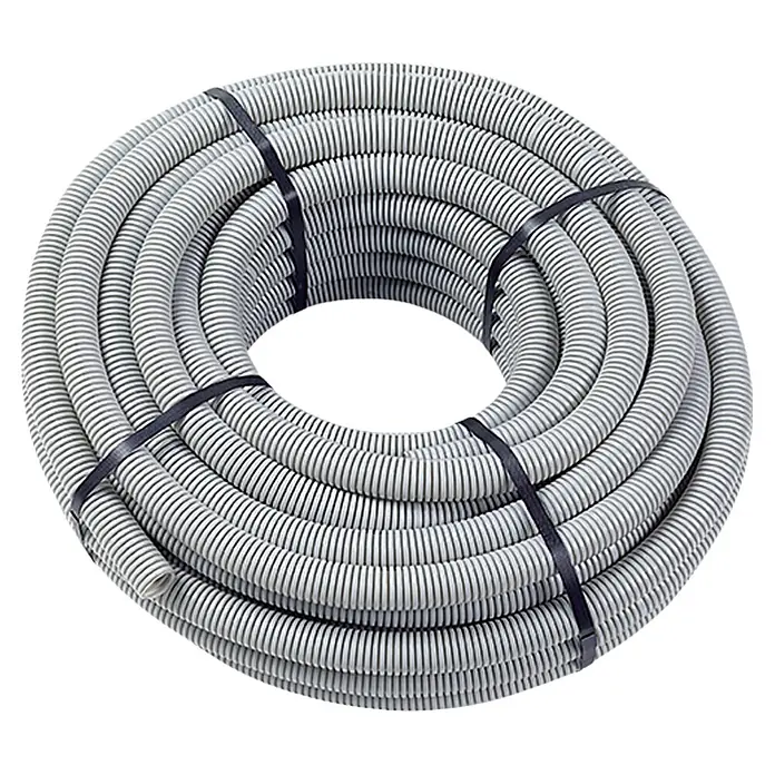 Flexrohr EN25 - Beton, 25 m, Kunststoff, 320 N, Grau, 25 mm - Aufgerollter flexibler Elektroinstallationsrohr, mit schwarzen Kabelbindern fixiert, ideal für Kabelschutz und Installationen.