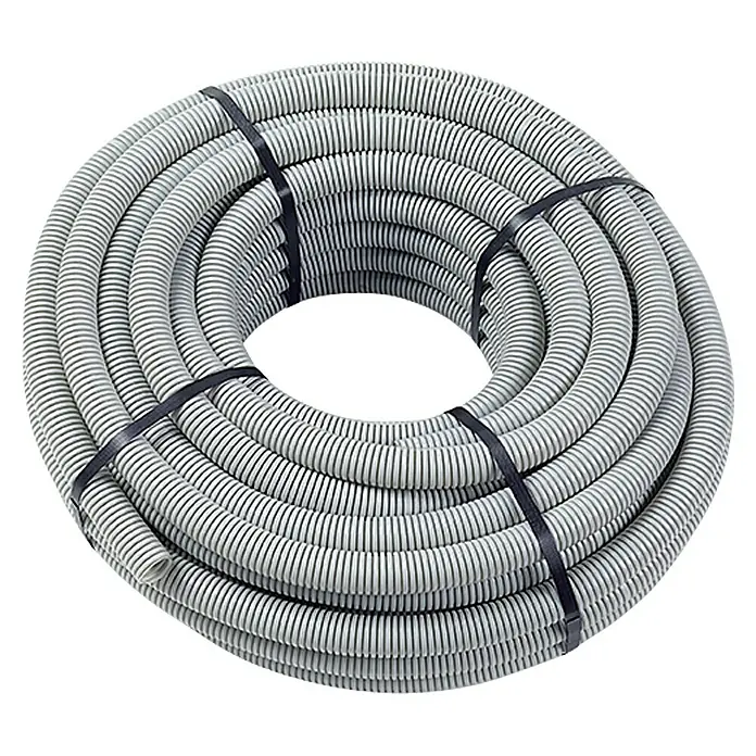 Flexrohr EN25 - Beton, 25 m, Kunststoff, 320 N, Grau, 25 mm - Aufgerollter flexibler Elektroinstallationsrohr, mit schwarzen Kabelbindern fixiert, ideal für Kabelschutz und Installationen.