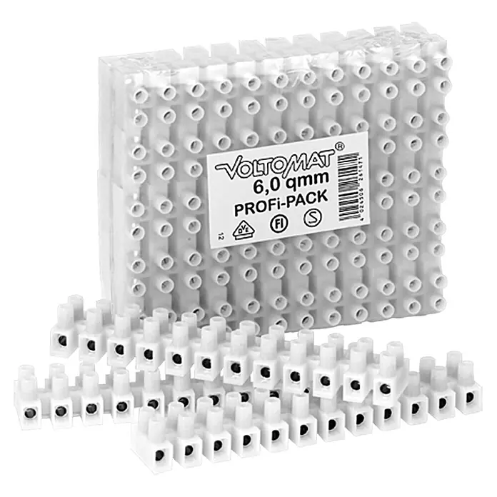 Lüsterklemme - 10 mm², Polanzahl: 12 Stk. - Nahaufnahme eines VolTOMAT 6,0 qmm PROFI-PACKs mit weißen Lüsterklemmen, ideal für sichere und professionelle Elektroinstallationen.