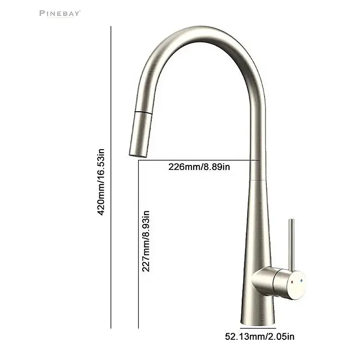 Hudor Spültischarmatur 4383 - Matt - Gebürstete Küchenarmatur aus Metall mit Schwanenhals, ausziehbarer Brause und Einhebelgriff, mit Maßen.