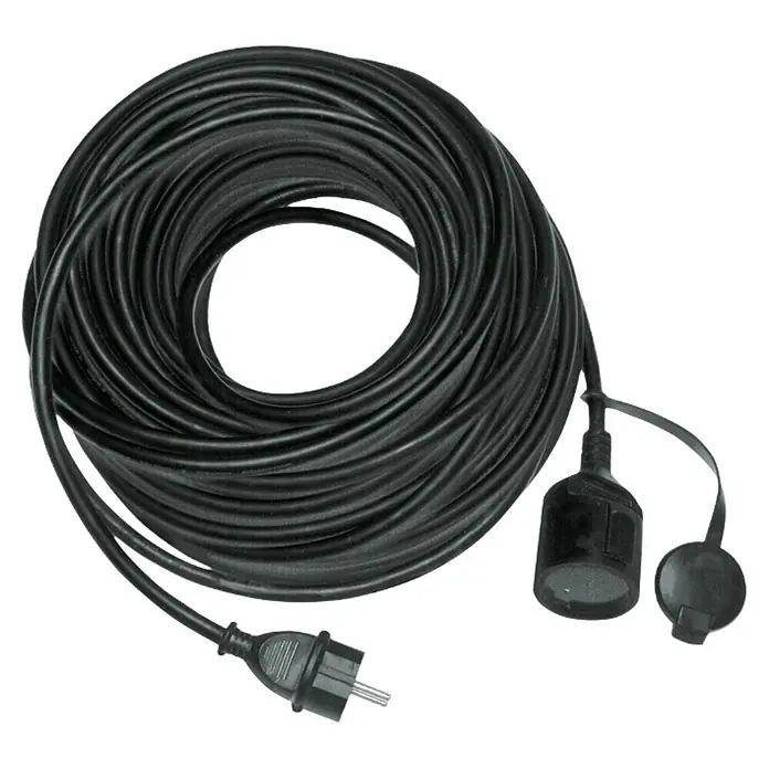 Alargo - 50 m, Negro, IP44, H05RR-F - Cable de extensión negro enrollado con enchufe y conector a tierra con tapa protectora, apto para uso exterior.