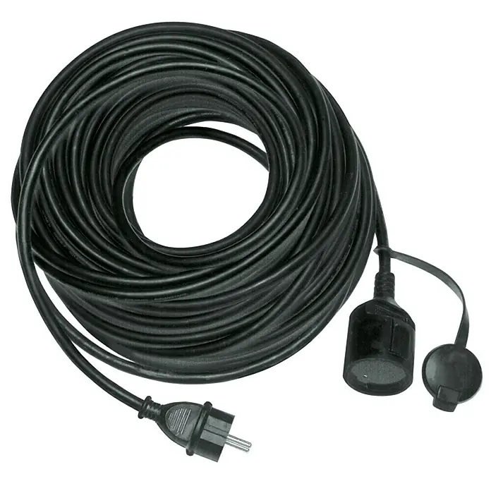 Verlängerungskabel - 50 m, Schwarz, IP44, H05RR-F - Schwarzes Verlängerungskabel aufgerollt, mit Schutzkontaktstecker und Kupplung mit Schutzkappe, für den Außenbereich.