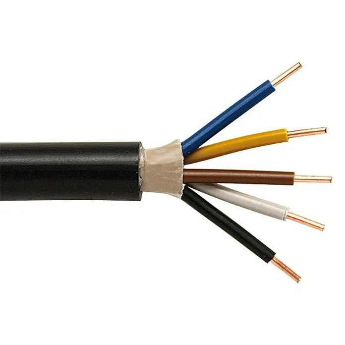Erdkabel Meterware NYY-J 5x1,5 mm² - NYY-J, 5, 1,5 mm², Schwarz - Ein freigelegtes Kabel mit mehreren farbcodierten Adern. Isoliertes Kabel mit abisolierten Kupferleitern.