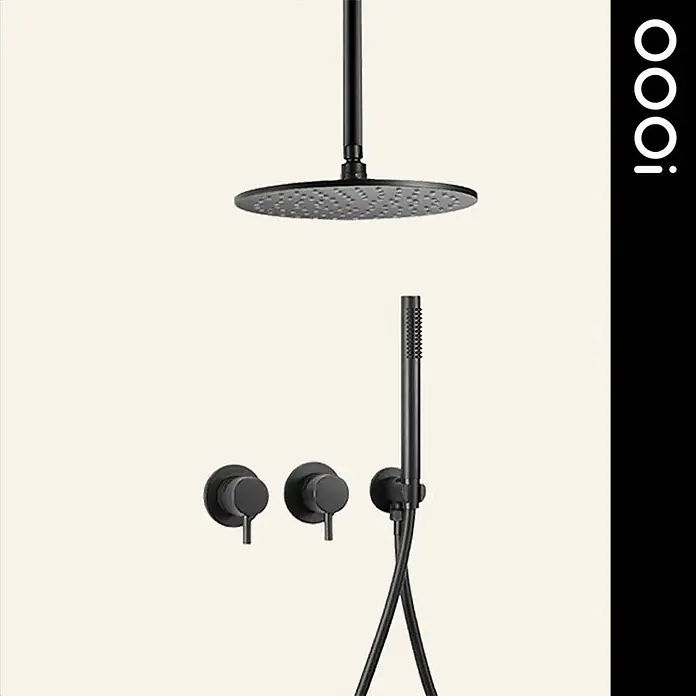 Hudor Duschsystem 8988 -  - Schwarzes mattes Duschsystem: runde Kopfbrause, zwei Wandarmaturen und Handbrause mit Schlauch.