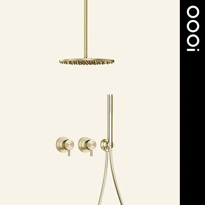 Hudor Duschsystem 8988 -  - Gebürstetes goldenes Duschsystem mit rundem Regenduschkopf, zwei wandmontierten Bedienelementen und einer Handbrause mit Schlauch.