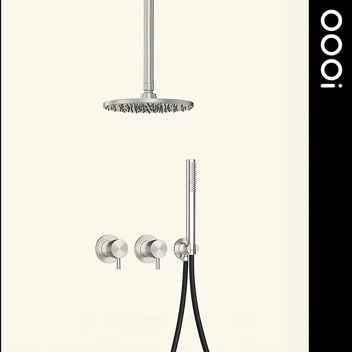 Hudor Duschsystem 8988 -  - Duschsystem aus gebürstetem Metall mit rundem Regenduschkopf, Handbrause und zwei Wandarmaturen mit schwarzem Schlauch.
