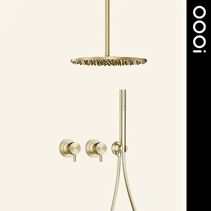 Hudor Duschsystem 8988 -  - Gebürstetes Gold Duschsystem mit runder Deckenbrause, zwei Wandarmaturen und Handbrause.