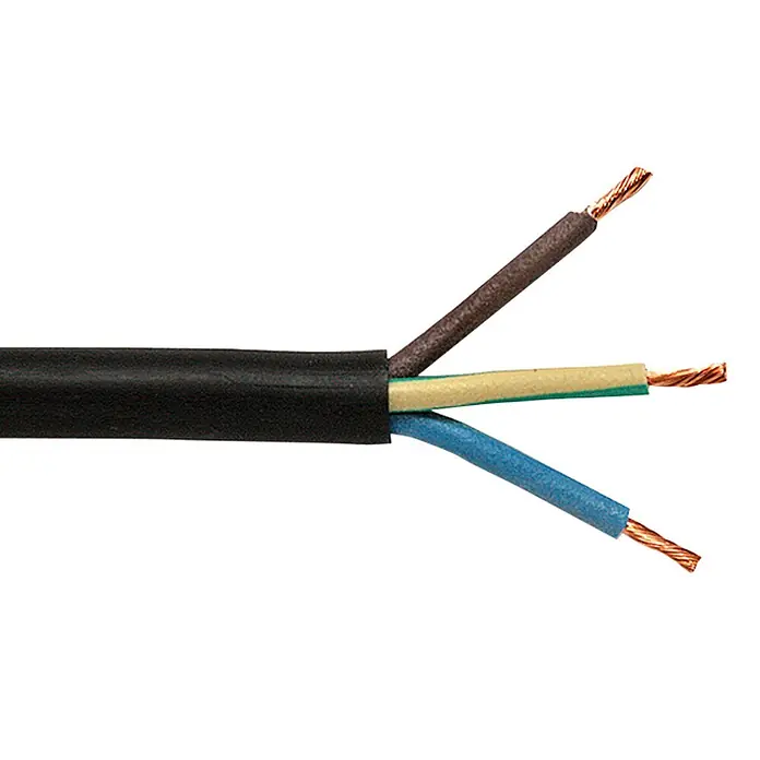Gummileitung Meterware H05RR-F 3G1,0 mm² - Anzahl Adern: 3, 1 mm², Schwarz - Nahaufnahme eines dreiadrigen Elektrokabels mit freiliegenden Kupferleitern. Die Kabel sind in Schwarz, Braun, Gelb/Grün und Blau isoliert.