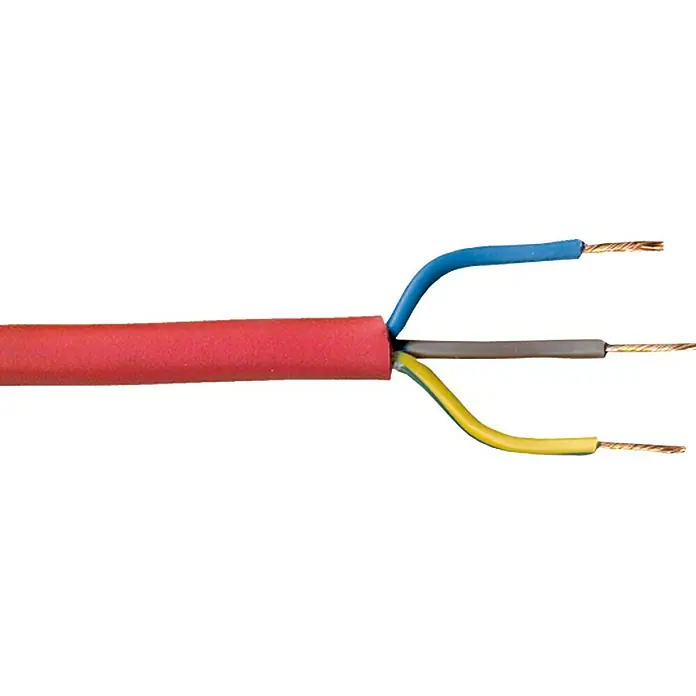 Gummileitung Meterware H07RN-F 3G1,5 mm² - Anzahl Adern: 3, 1,5 mm², Kabeltyp: H07RN-F, Rot - Nahaufnahme eines Elektrokabels mit roter Ummantelung und freiliegenden Adern in Blau, Grau und Gelb.