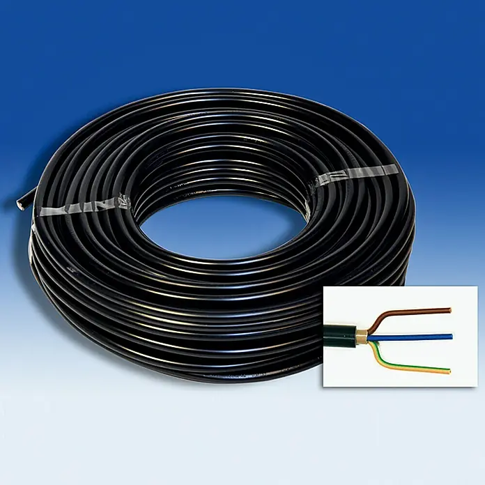 Erdkabel NYY-J 3x1,5 mm² - NYY-J, 3, 1,5 mm², 50 m, Schwarz - Schwarzes Elektrokabel aufgerollt mit einem Querschnitt, der die farbcodierten Drähte zeigt.