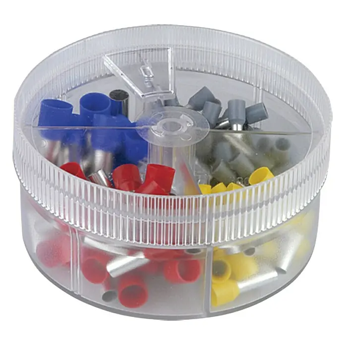 Voltomat Aderendhülsen-Box - 4 - 16 mm², 100 Stk. - Eine durchsichtige Kunststoffbox mit sortierten Aderendhülsen in verschiedenen Farben wie Rot, Blau, Gelb und Grau.