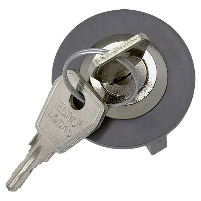 Steckdosenschloss - Kunststoff, Schutzart: IP20 - Ein Euro Locks Schloss mit einem Schlüssel steckt im Schloss, bereit zum Öffnen oder Schließen.