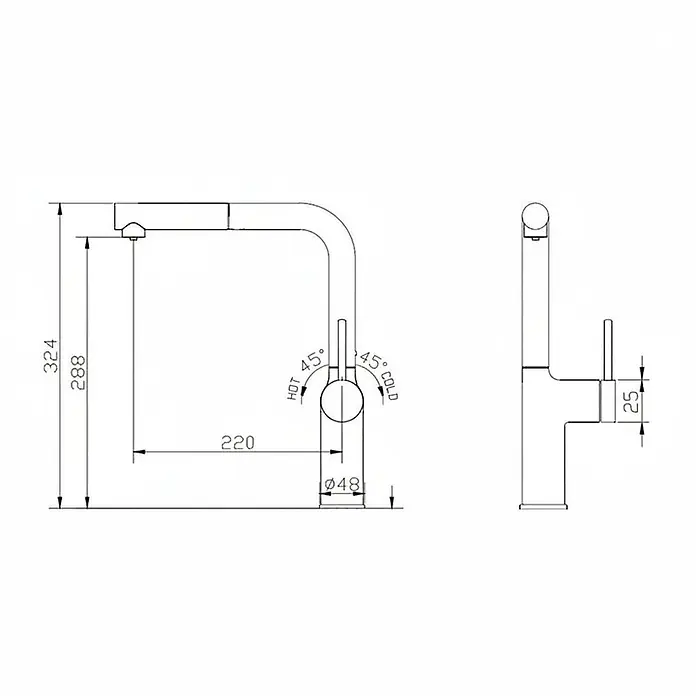 Hudor Spültischarmatur Erymanthe 2173 - Seidenmatt - Technische Zeichnung einer silbernen Küchenarmatur mit Ausziehbrause und Hebelsteuerung für Warm- und Kaltwasser.