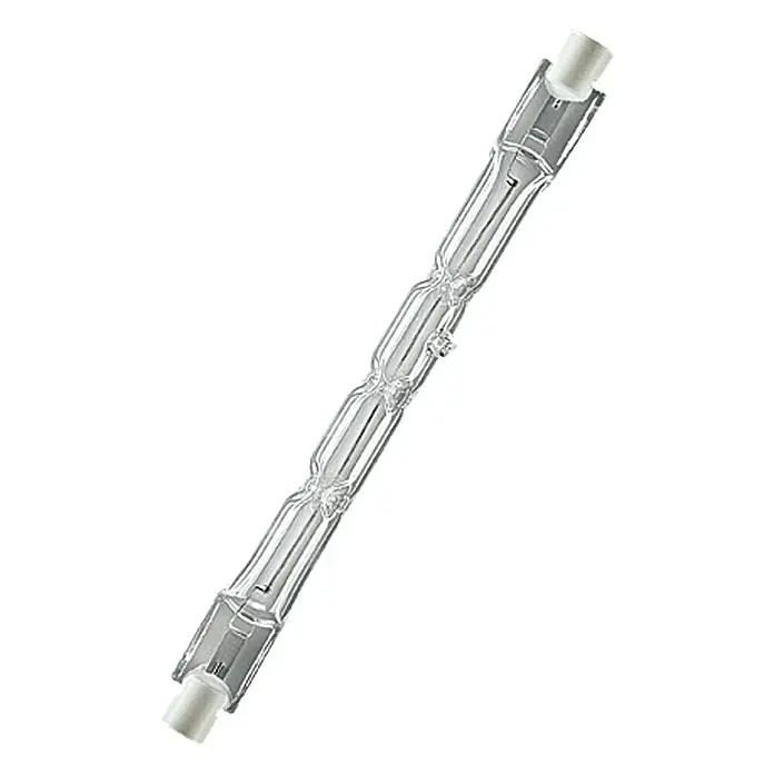 Osram Halogenstab - 1.000 W, Warmweiß, Länge: 191,1 mm - Nahaufnahme einer Halogenlampe mit klarem Glaskörper und weißer Fassung an beiden Enden.