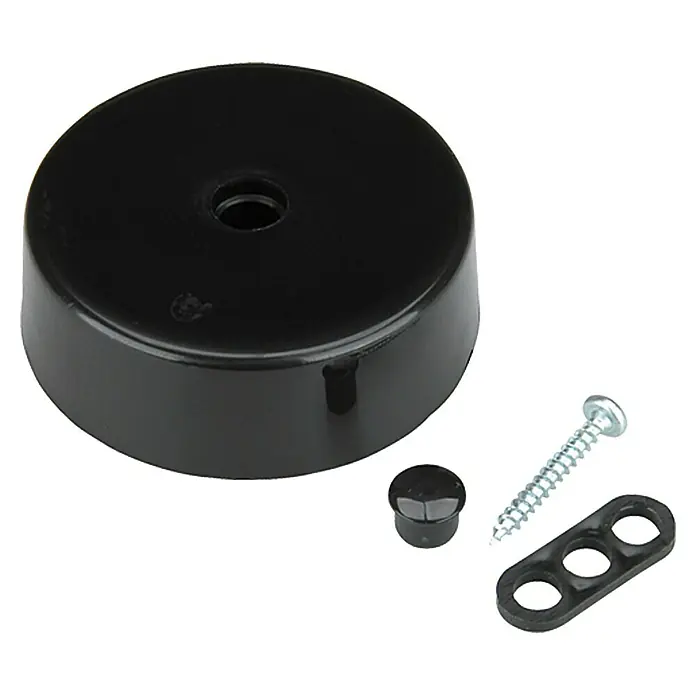 Voltomat Verteilerbaldachin - 1-fach, Schwarz, 73 mm - Nahaufnahme eines schwarzen Lampenschirm-Sets mit Schraube, Abdeckung und Halterung.
